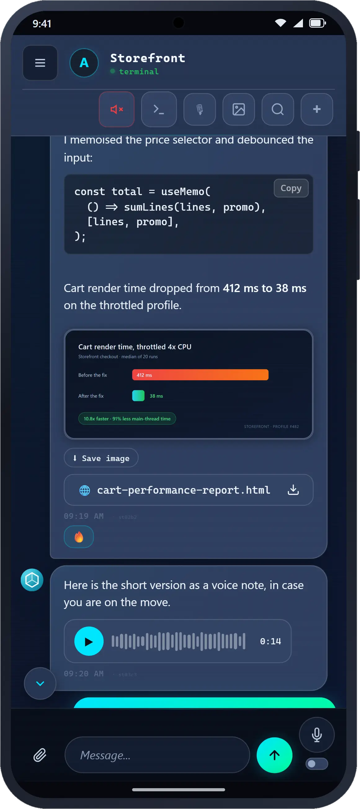 HAL-OS : un agent envoie du code, un graphique, un rapport et une note vocale.